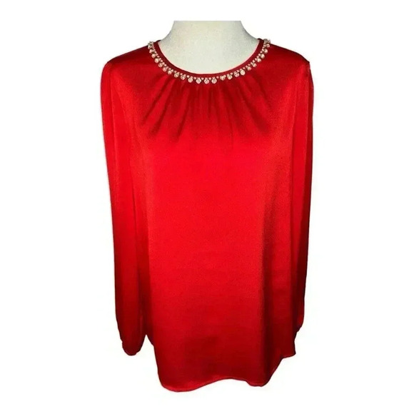 NEW Liz Claiborne‎ Career Women's Small Red Rhinestone Blouse Long Sleeve NWT - Picture 1 of 7